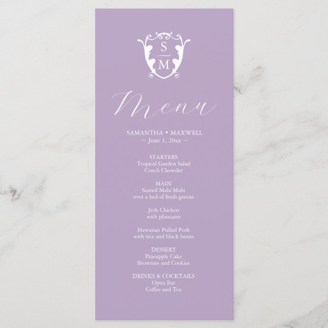 Menus mariage Simple Monogram Crest Lilac (Devant)