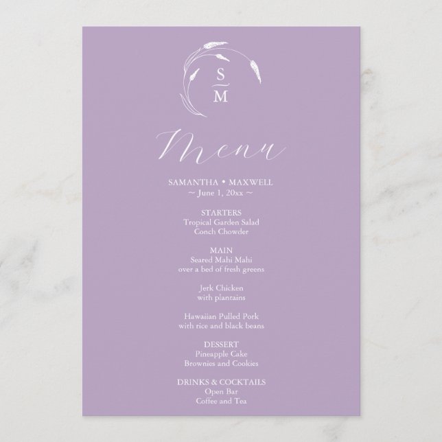 Menus mariage simple Monogram Lavender (Devant)