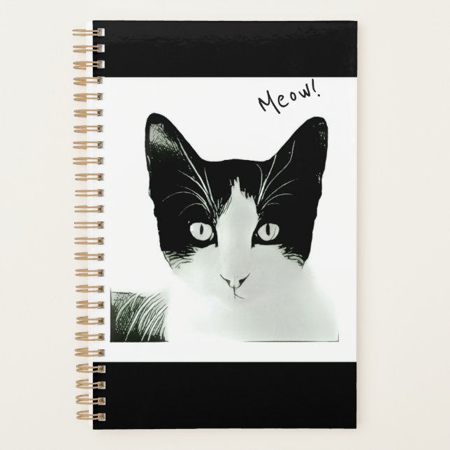 Meow Black and White Cat Kitten Sketch Planer (Vorderseite)