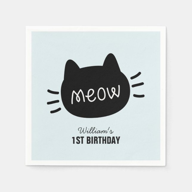 Meow Black Cat Face Blue Boy Geburtstag Serviette (Vorderseite)