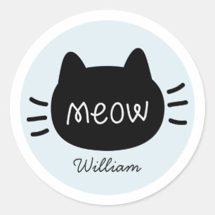 Meow Black Cat Face Blue Name Runder Aufkleber
