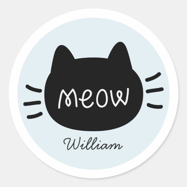 Meow Black Cat Face Blue Name Runder Aufkleber (Vorderseite)