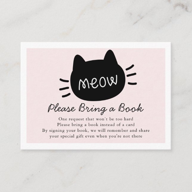 Meow Black Cat Face Pink Baby Dusche Buchanfrage Begleitkarte (Vorderseite)