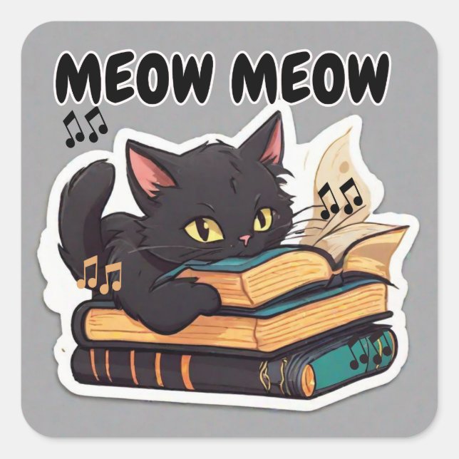 Meow Cat Reading Book Quadratischer Aufkleber (Vorderseite)