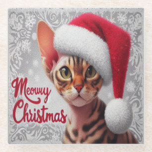 Meow Christmas Devon Rex Cat, Xmas Santa Cat Glasuntersetzer