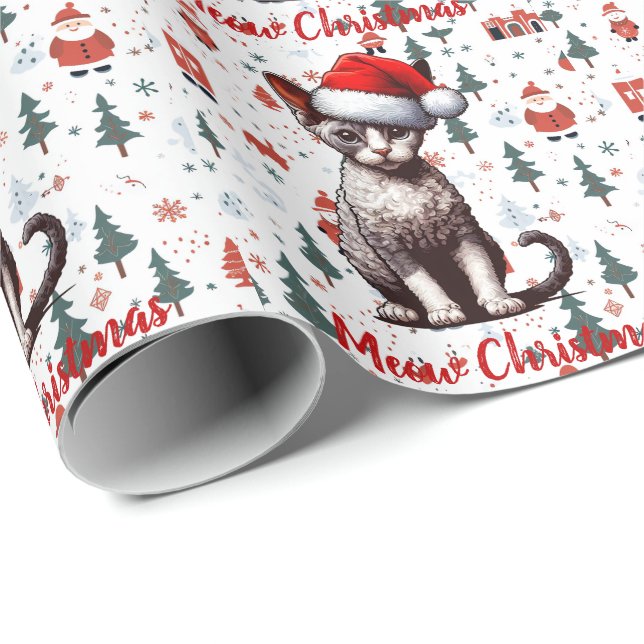 Meow Christmas Devon Rex Cat, Xmas Santa Kitten Geschenkpapier (Rolleneckpunkt)