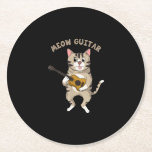 Meow Guitar Niedlich Cat Playing Gitarre Funny Kät Runder Pappuntersetzer