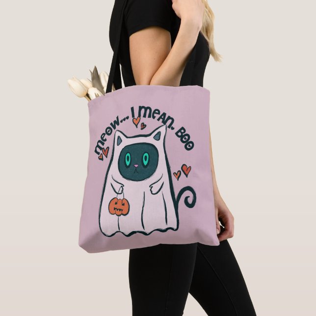 Meow Ich Gemein Boo Cat Ghost Lila Halloween Tasche (Von Nahem)