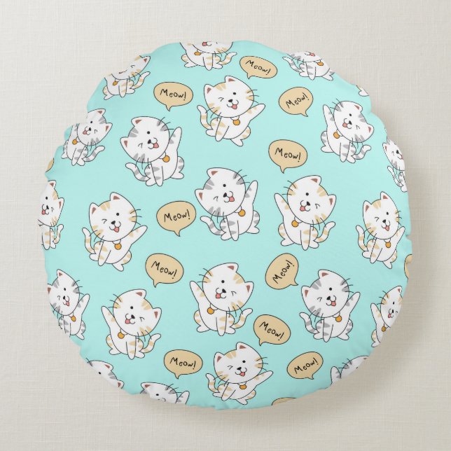 Meow Kittens Pattern - Niedliche Katze Rundes Kissen (Vorderseite)
