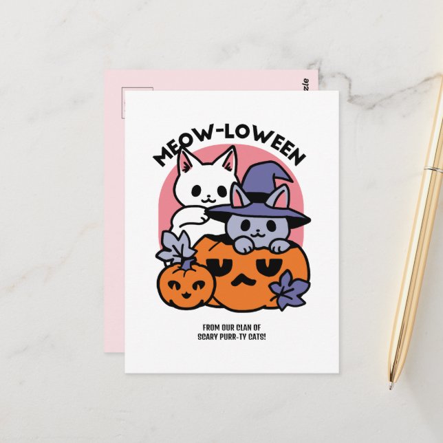 Meow - Niedliches Halloween Cat Design Postkarte (Vorderseite/Rückseite Beispiel)