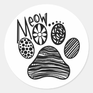 MEOW Paw Print Black and White Round Aufkleber