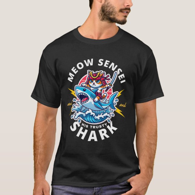Meow Sensei und sein Trusty Shark T-Shirt (Vorderseite)