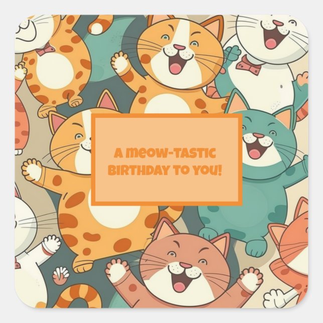 "Meow-tastic Birthday" Aufkleber mit Happy Cats (Vorderseite)