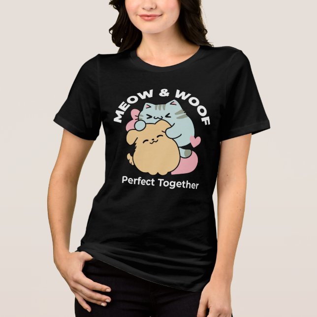 Meow & Woof perfekt zusammen - Niedliche Katze und Tri-Blend Shirt (Vorderseite)