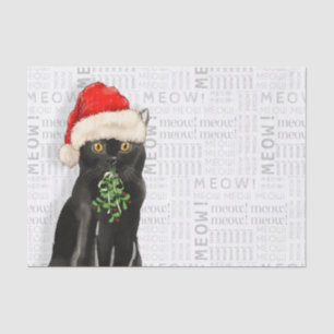Meow Word Art and Black Bombay Santa Cat Seidenpapier