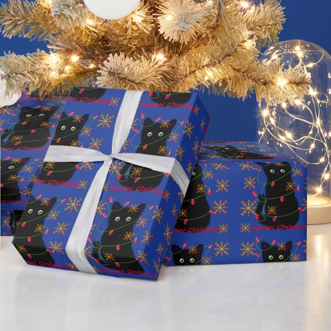 Meowa Cat Christmas | glitzernde Goldschneeflocken Geschenkpapier (Feiertage)