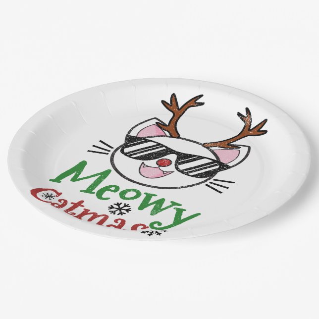 Meowa Catmas Christmas Kitty Cat Red Nose Reindeer Pappteller (Schrägansicht)