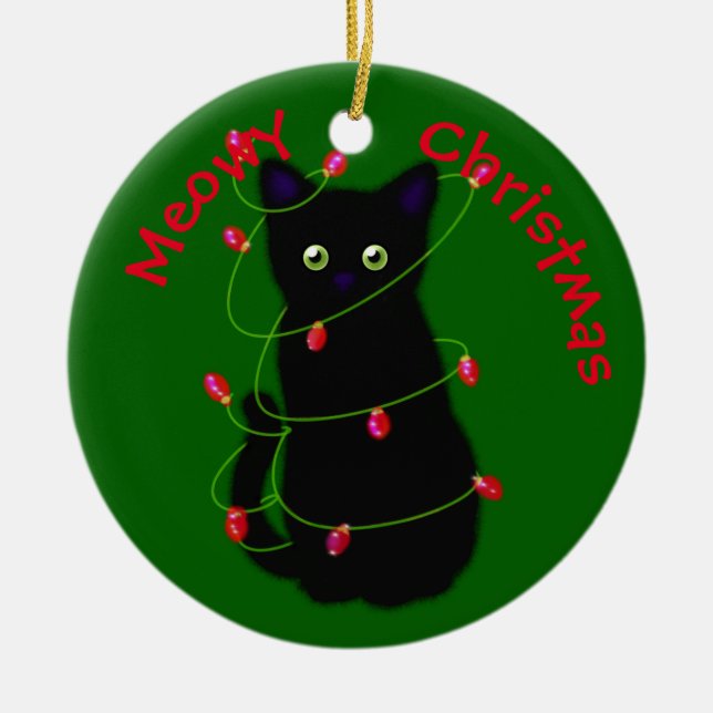 Meowcat Weihnachts-Rotgrüne Tinkelleuchten Keramik Ornament (Vorne)