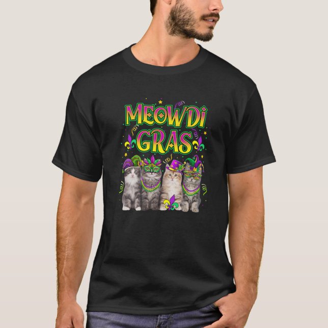 Meowdi Gras Mardi Gras Outfit für Katzen über Kitt T-Shirt (Vorderseite)