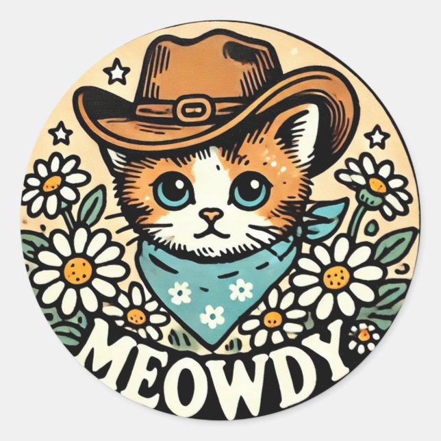 Meowdy Cowboy Kitty Cat Runder Aufkleber (Vorderseite)