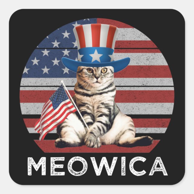 Meowica 4. Juli Patriotische Amerikanische Katze Quadratischer Aufkleber (Vorderseite)
