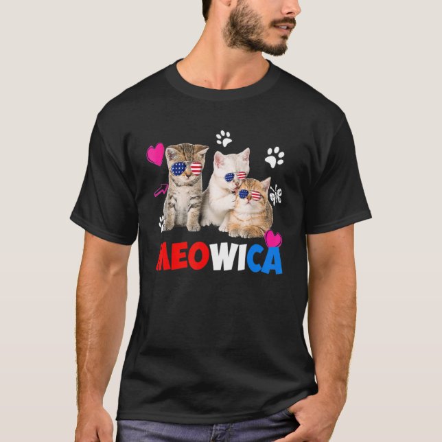 Meowica Cat America Flag Brille 4. Juli T-Shirt (Vorderseite)