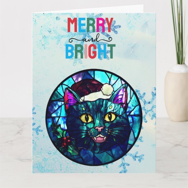 Meowing Stained-Glass Christmas Black Cat Karte (Vorderseite)