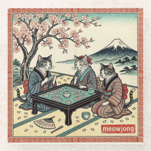 Meowjong Lustige Japanische Ukiyo-e-Katzen Mahjong Glasuntersetzer