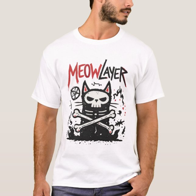 Meowlayer Cat Metal Doodle Illustration T-Shirt (Vorderseite)