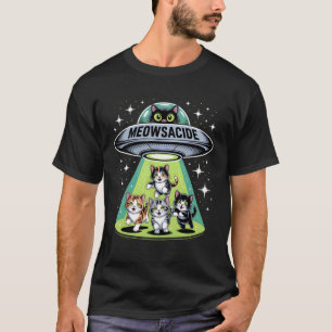 Meowsacide Lustiger UFO-Katzen-Alien-Entführungs-H T-Shirt
