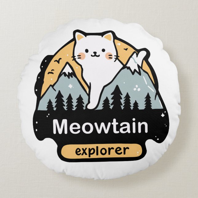 Meowtain Explorer – Cute Cat Adventure Design Rundes Kissen (Vorderseite)
