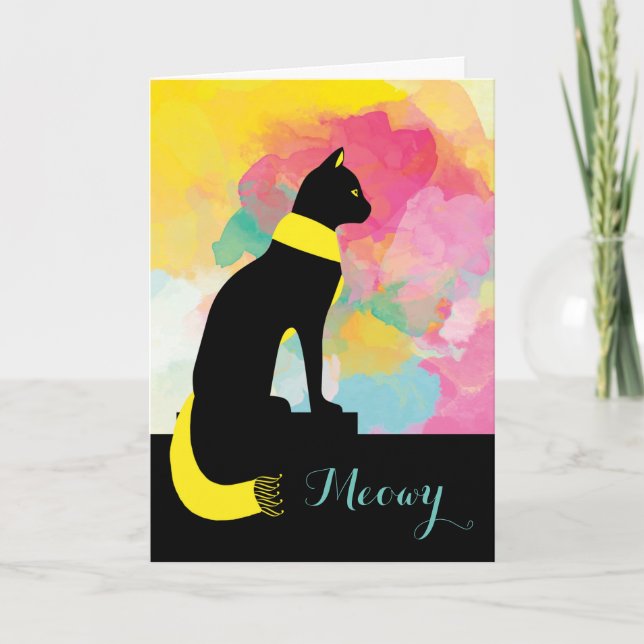 Meowy Black Cat in Yellow Scarf Sprichwort Karte (Vorderseite)