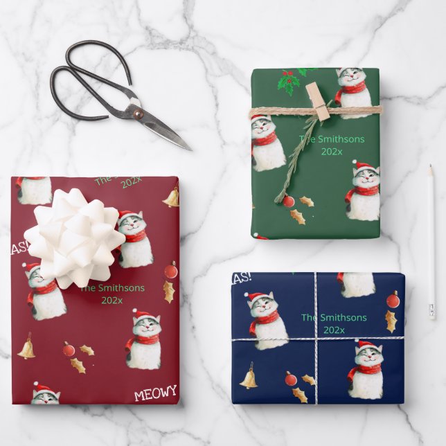 Meowy Cat Festliche Personalisierte Weihnachten Geschenkpapier Set (Vorderseite)