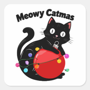 Meowy Catmas - Katze mit Weihnachtsdekoration Quadratischer Aufkleber