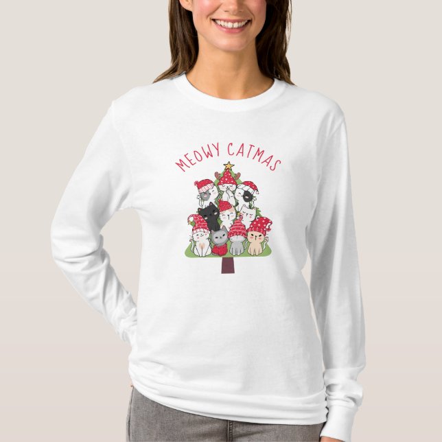 Meowy Catmas Kawaii Katze Weihnachtsbaum T-Shirt (Vorderseite)