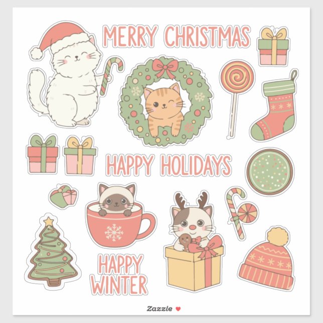Meowy Christmas! Adorable Kawaii Cats Holiday Aufkleber (Blatt)