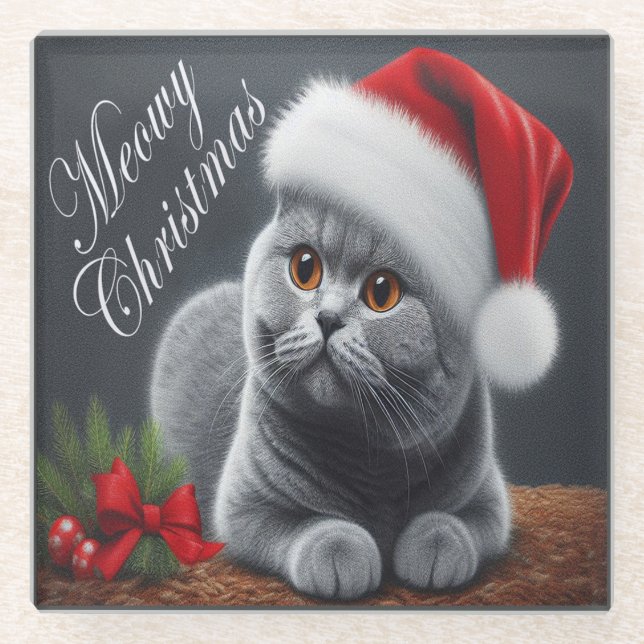 Meowy Christmas British Shorthair Santa Cat Glasuntersetzer (Vorderseite)