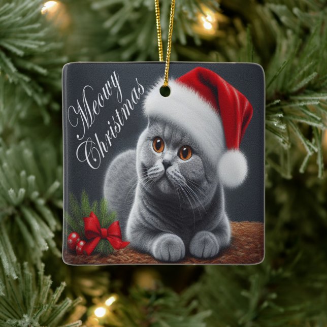 Meowy Christmas British Shorthair Santa Cat Keramikornament (Baum)
