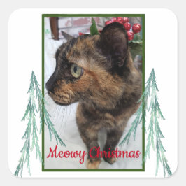 Meowy Christmas Cat Foto Evergreen Fraktal Bough Quadratischer Aufkleber
