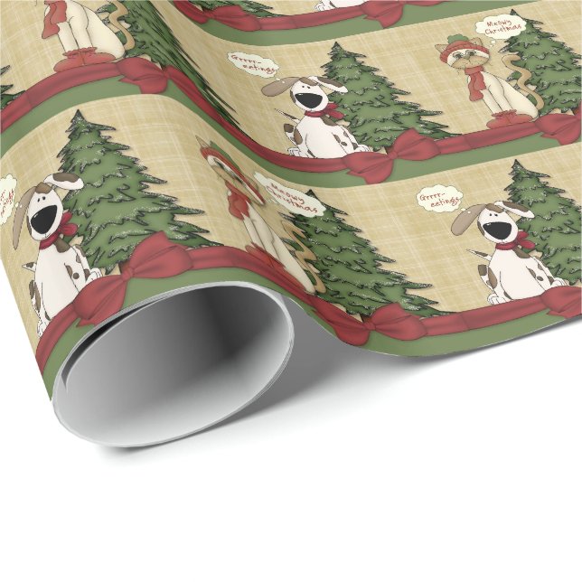 Meowy Christmas Cat & Grr-Eating Hund Geschenkpapier (Rolleneckpunkt)