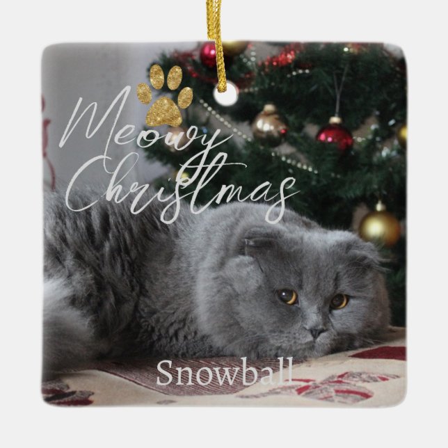 Meowy Christmas Custom Cat Foto & Paw Keramikornament (Vorderseite)