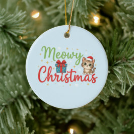 Meowy Christmas - Cute Cat & Gift Box Holiday Keramik Ornament