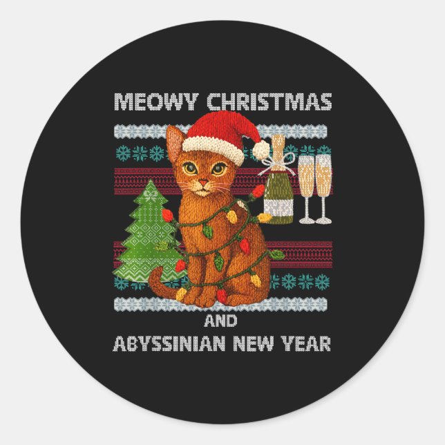 Meowy Christmas Funny Abyssinian Cat Santa Hat Ugl Runder Aufkleber (Vorderseite)