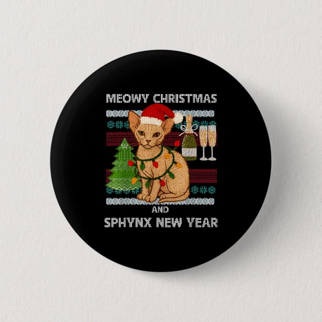Meowy Christmas Funny Sphynx Cat Santa Hat Ugly Sw Button (Vorderseite)