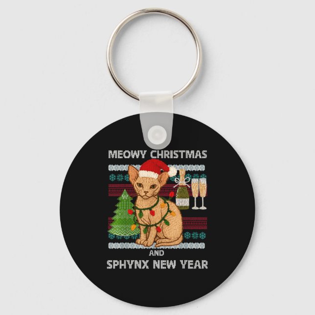 Meowy Christmas Funny Sphynx Cat Santa Hat Ugly Sw Schlüsselanhänger (Vorderseite)