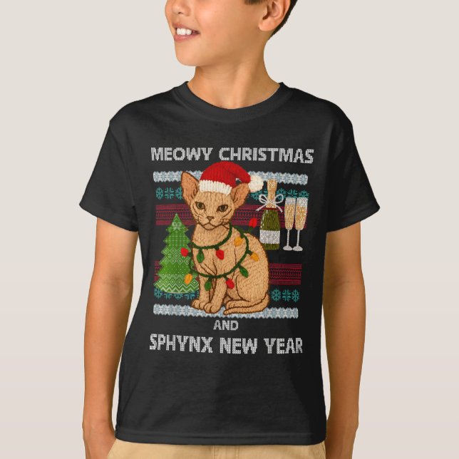Meowy Christmas Funny Sphynx Cat Santa Hat Ugly Sw T-Shirt (Vorderseite)