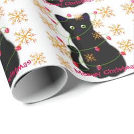 Meowy Christmas | glitzernde Goldschneeflocken Geschenkpapier