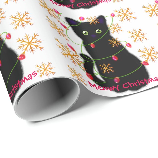 Meowy Christmas | glitzernde Goldschneeflocken Geschenkpapier (Rolleneckpunkt)