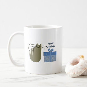 Meowy Christmas Graue Katze mit blauem Geschenk Kaffeetasse
