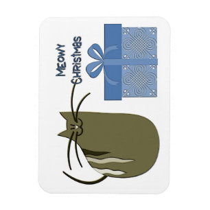 Meowy Christmas Graue Katze mit blauem Geschenk Magnet
